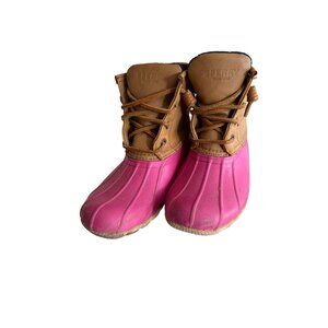 Sperry Girls Saltwater Pink & Tan Waterproof Duck Boots Size 13 US Fleece Lining
